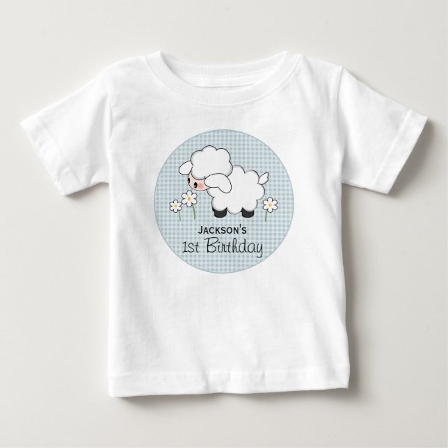 Personalised Blue Gingham Lamb Birthday Baby T-Shirt (Front)