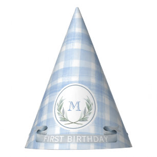 Personalised Blue Gingham Laurel Crest Party Hat