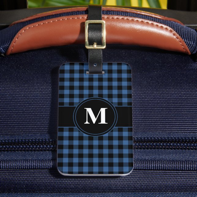 Personalised Blue Gingham Monogram Luggage Tag (Front Insitu 2)