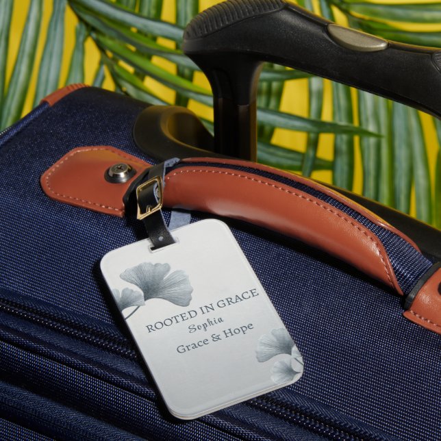 Personalised Blue Ginkgo Leaf Custom Name Luggage Tag (Front Insitu 1)