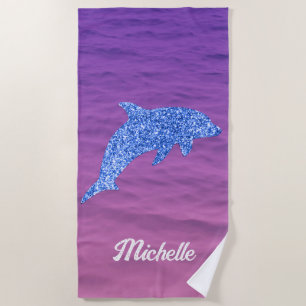 Personalised Blue Glitter Dolphin Pink And Purple Beach Towel