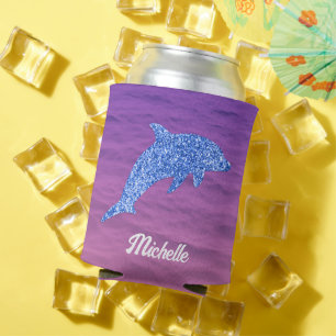 Personalised Blue Glitter Dolphin Pink And Purple Can Cooler