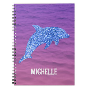 Personalised Blue Glitter Dolphin Pink And Purple Notebook