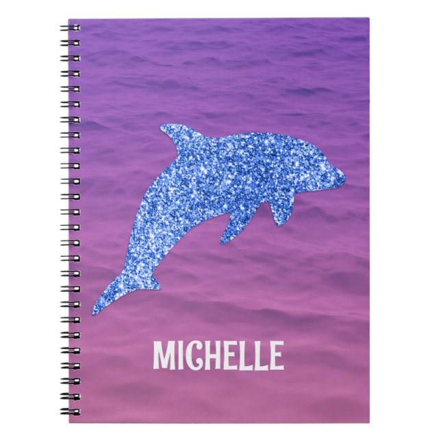 Personalised Blue Glitter Dolphin Pink And Purple Notebook (Front)