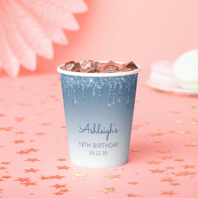 Personalised Blue Glitter Drip 18th Birthday Party Paper Cups (Insitu)