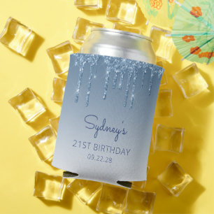Personalised Blue Glitter Drip 21st Birthday Can Cooler