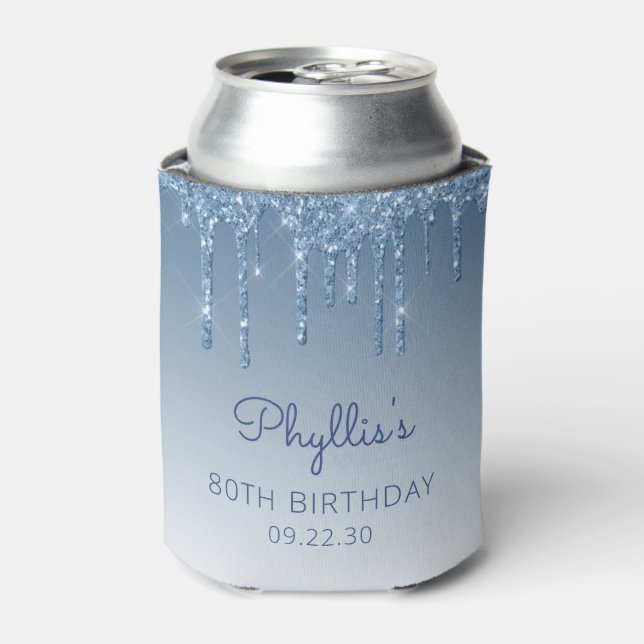 Personalised Blue Glitter Drip 80th Birthday Can Cooler (Can Front)