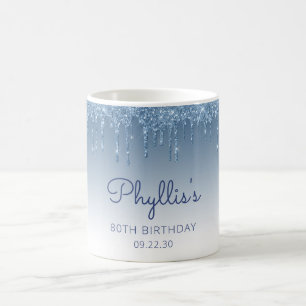 Personalised Blue Glitter Drip 80th Birthday Coffee Mug