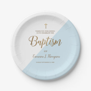 Personalised Blue Gold Cross Baby Baptism Paper Plate
