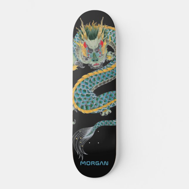 Personalised Blue Gold Dragon Skateboard (Front)