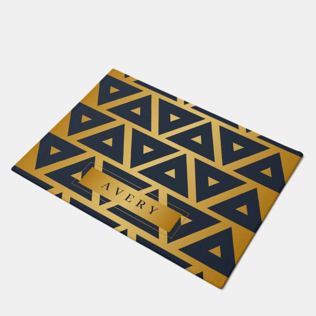 Personalised Blue Gold Geometric pattern Doormat (Angled)