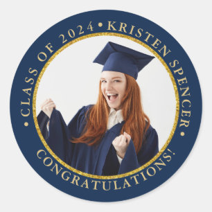 Personalised Blue Gold Graduate Photo Graduation Classic Round Sticker
