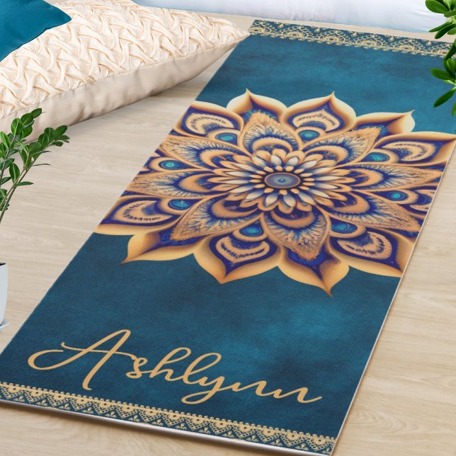 Personalised Blue & Gold Mandala Double Sided Yogi Yoga Mat (Add your own name to personalize this elegant blue & gold mandala yoga mat. This mat is double sided)