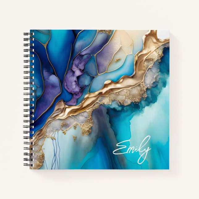 Personalised Blue Gold Marble Script Name  Notebook (Front)