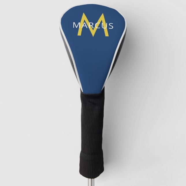 Personalised Blue Gold Name on Modern Driver Golf Head Cover (Front)