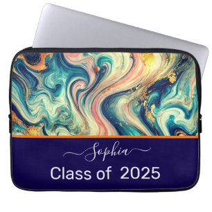  Personalised Blue & Gold Swirls - Class of 2025 Laptop Sleeve