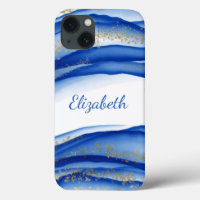 Personalised Blue Gold White Ink Swirl Watercolor