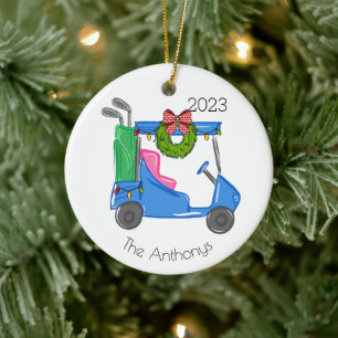 Personalised Blue Golf Cart Christmas / Golf Lover Ceramic Tree Decoration