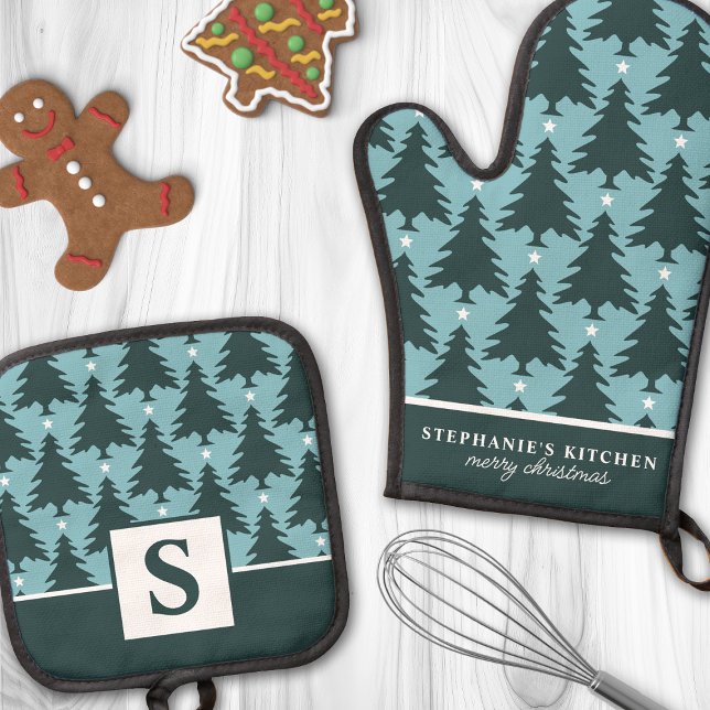 Personalised Blue Green Christmas Tree Monogram Oven Mitt & Pot Holder Set (Creator Uploaded)