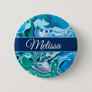 Personalised Blue Green Digital Marble Fluid Art   6 Cm Round Badge
