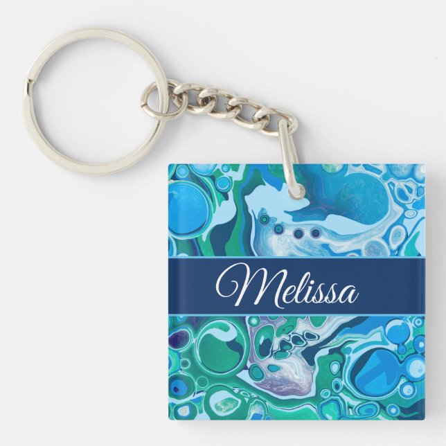 Personalised Blue Green Digital Marble Fluid Art   Key Ring (Front)