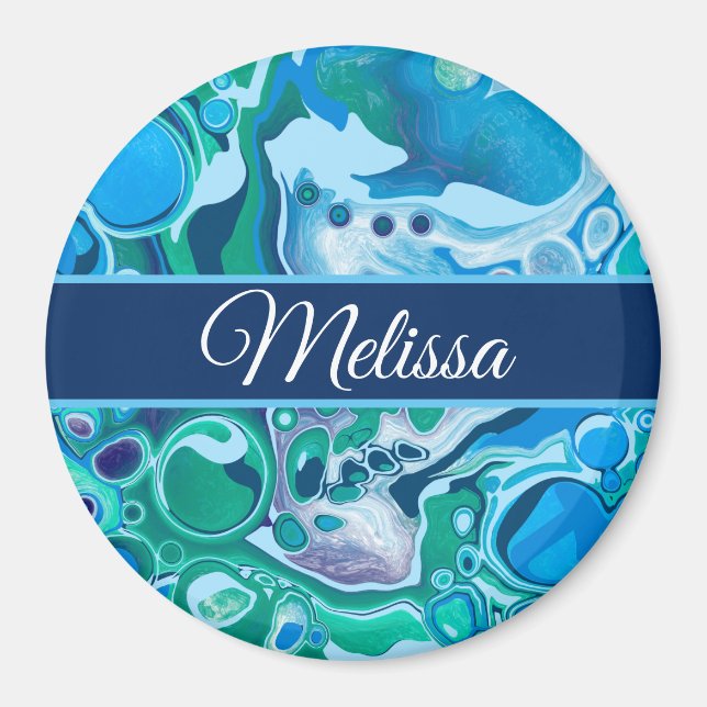 Personalised Blue Green Digital Marble Fluid Art  Magnet (Front)