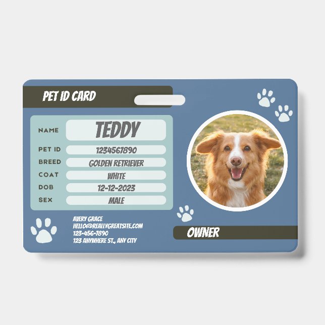 Personalised Blue Green Dog Photo ID Badge (Front)