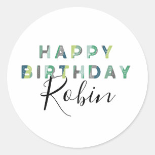 Personalised Blue Green Letters Happy Birthday Classic Round Sticker