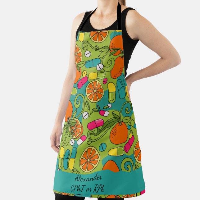 Personalised Blue & Green Orange Pharmacy Apron (Insitu)