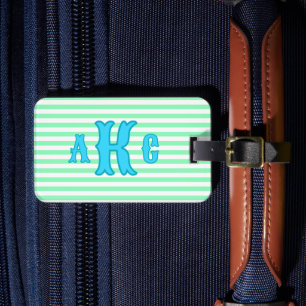 Personalised Blue Green Preppy Monogram Striped Luggage Tag