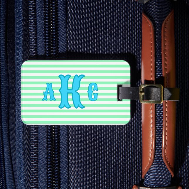 Personalised Blue Green Preppy Monogram Striped Luggage Tag (Front Insitu 4)