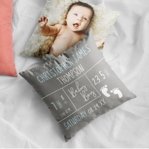 Personalised Blue Grey Birth Stat Baby Boy Photo Cushion