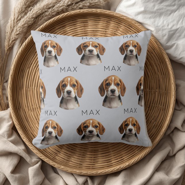 Personalised Blue Grey Dog Photo & Name Pattern Cushion (Creator Uploaded)