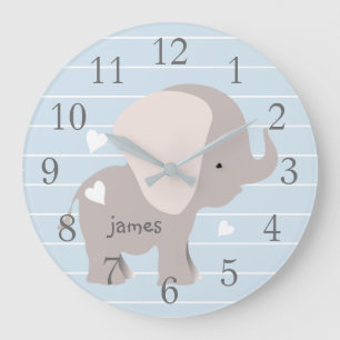 Personalised Blue Grey Elephant Nursery Wall Clock