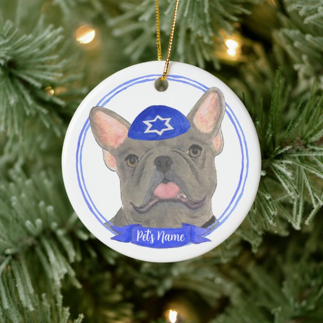 Personalised Blue Grey Frenchie Hanukkah Ceramic Tree Decoration (Tree)