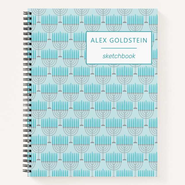 Personalised Blue Hanukkah Menorah Sketchbook Notebook (Front)