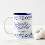 Personalised Blue Happy Hanukkah Star Swirls Two-Tone Coffee Mug<br><div class="desc">Celebrate this holiday with this personalised Happy Hanukkah mug in light and dark blue. This mug features Star of David border,  text image "Happy Hanukkah",  your name and blue menorah on the side. Makes a great gift for the holidays! Easy to personalise with custom options.</div>