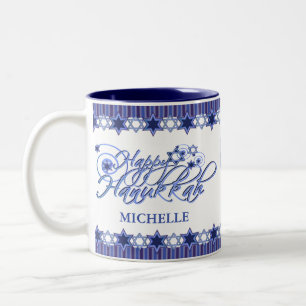 Personalised Blue Happy Hanukkah Star Two-Tone Coffee Mug