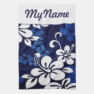 Personalised Blue Hawaii Flowers Tea Towel