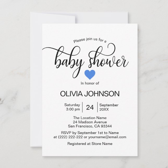 Personalised Blue Heart White Boy Baby Shower Invitation (Front)