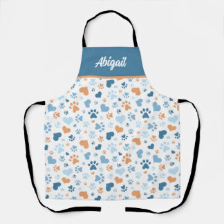 Personalised Blue Hearts and Paw Prints Apron