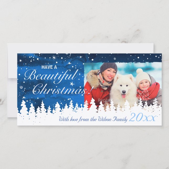 Personalised Blue Holiday Christmas Photo Cards (Front)