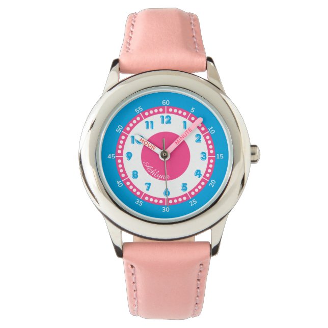 Personalised Blue & Hot Pink Girls Educational Watch (Front)