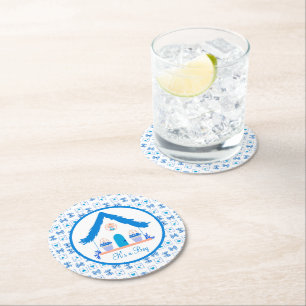 Personalised Blue House It's a Boy Baby Shower Round Paper Coaster