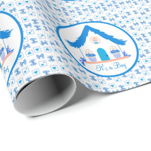 Personalised Blue House It's a boy Baby shower Wrapping Paper