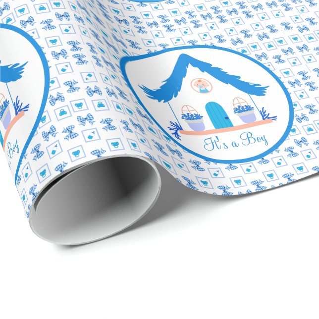 Personalised Blue House It's a boy Baby shower Wrapping Paper (Roll Corner)