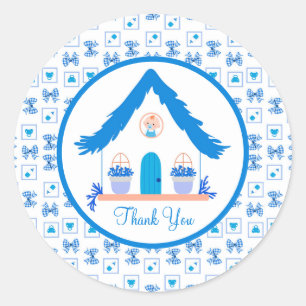 Personalised Blue House Thank You Baby Shower Classic Round Sticker