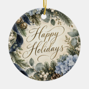 Personalised Blue Hydrangea Botanical Christmas Ceramic Tree Decoration