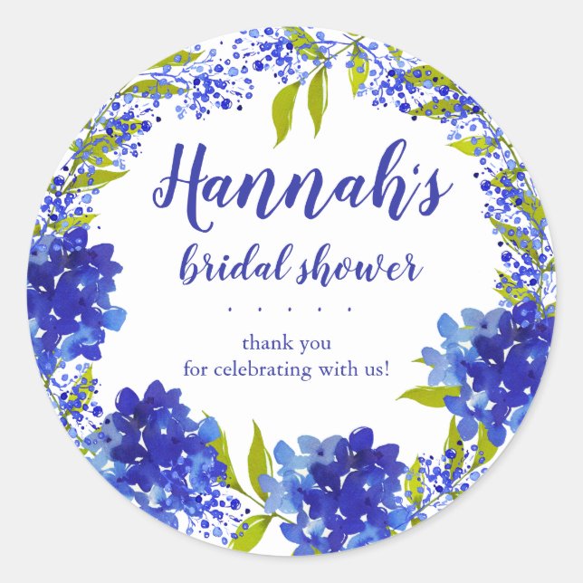 Personalised Blue Hydrangea Thank You Bridal Showe Classic Round Sticker (Front)