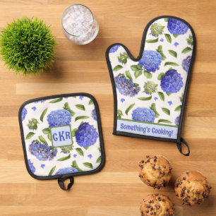 Personalised Blue Hydrangeas Floral Botanical Art Oven Mitt & Pot Holder Set